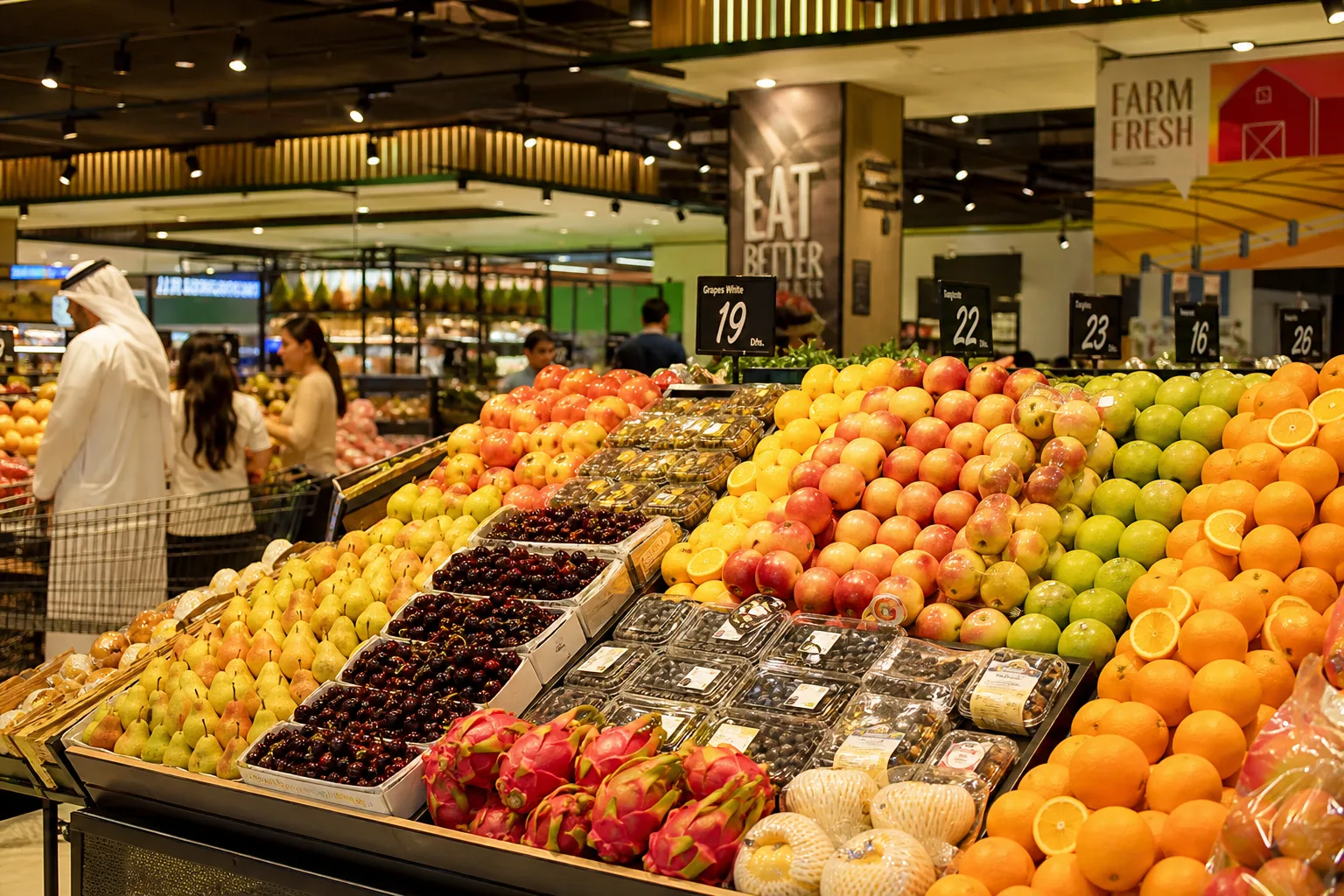 Fully stocked hypermarket produce aisles across the UAE